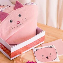 Coffret toilette Chat: 2 lingettes + cape de bain brodées Chat